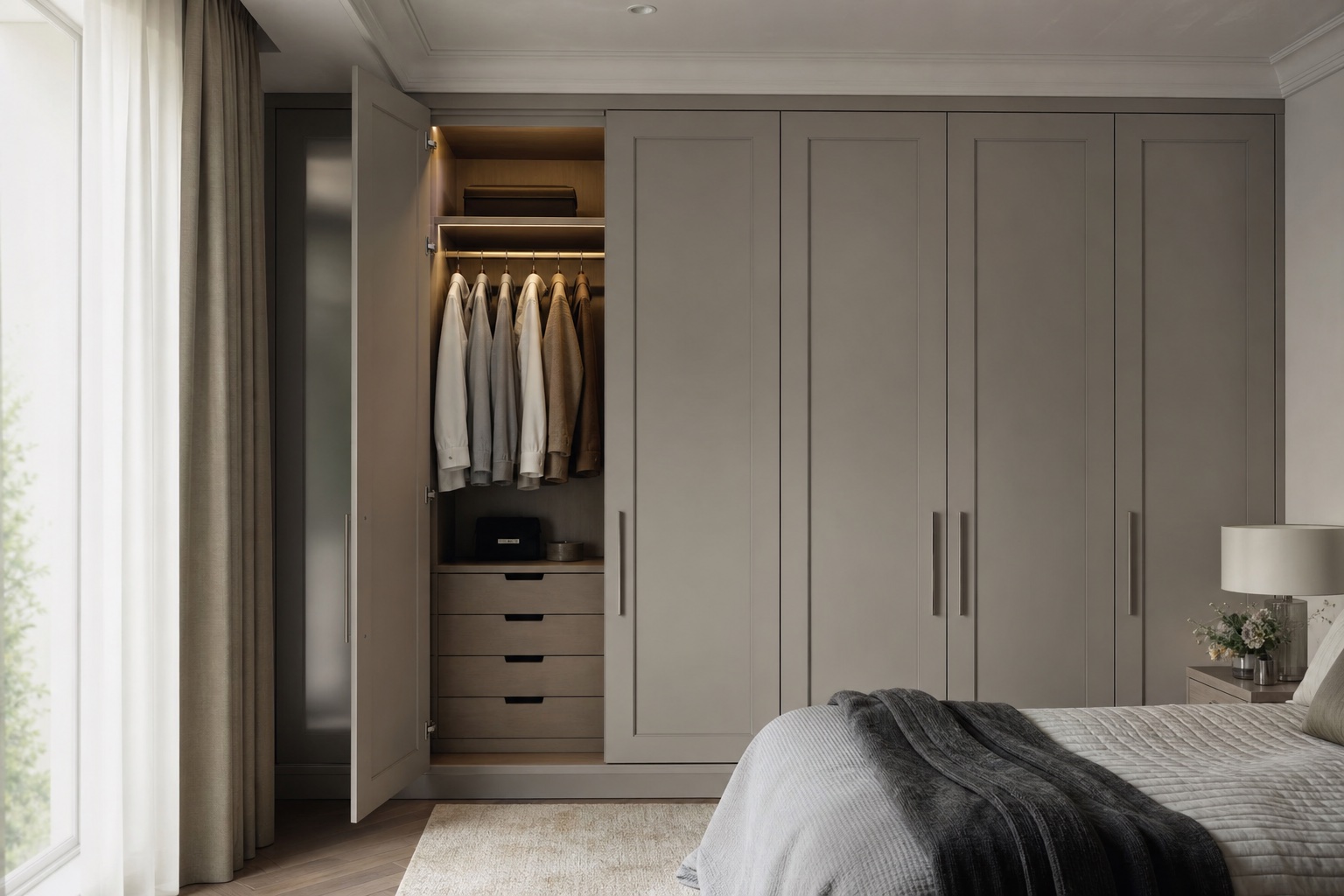 Bespoke fitted wardrobe with timber interiors in a Hertfordshire bedroom