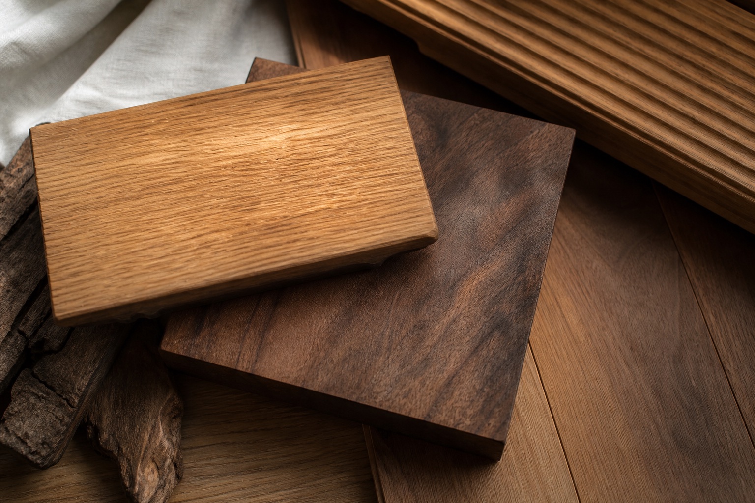 Timber finish samples and bespoke joinery craftsmanship in a Hertfordshire workshop