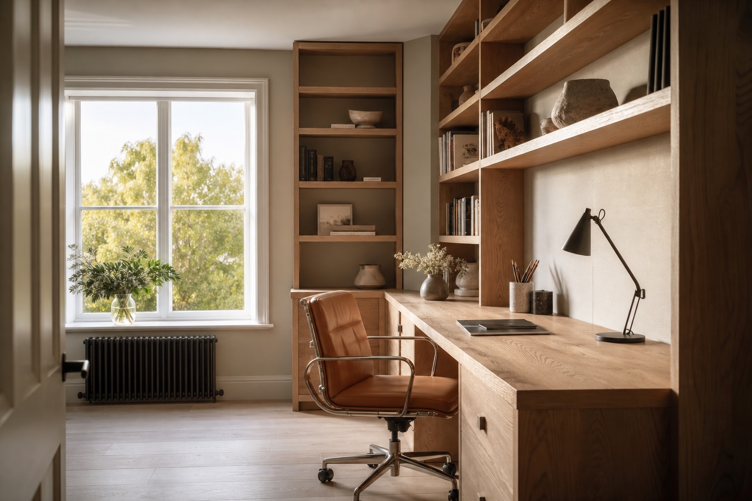 Bespoke home office joinery with built-in desk and shelving in Hertfordshire