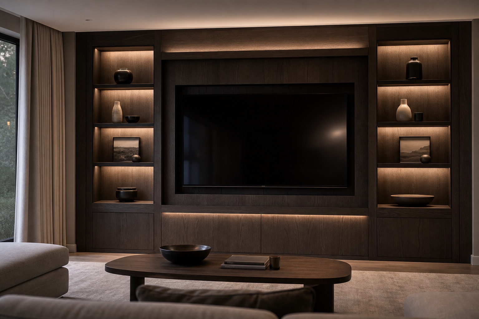 Bespoke media wall with integrated joinery and concealed storage in a Hertfordshire living room