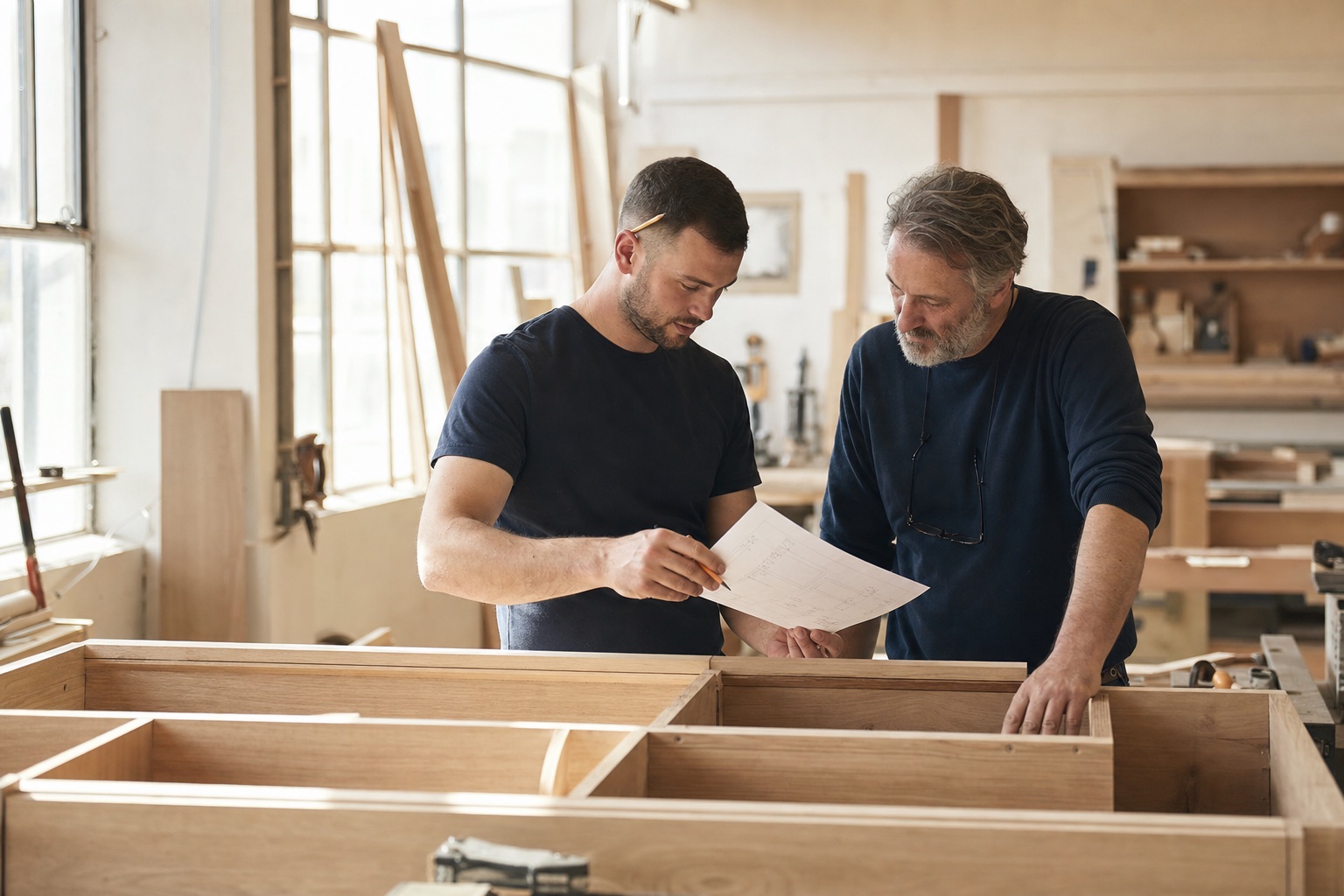 Joiners reviewing a workshop drawing over oak cabinet carcasses