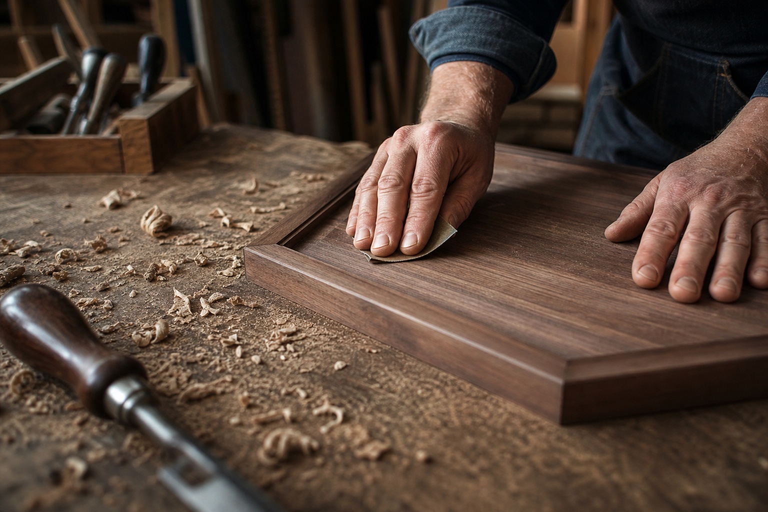 Craftsman’s hands sanding a walnut cabinet panel in the Hertfordshire Joinery workshop