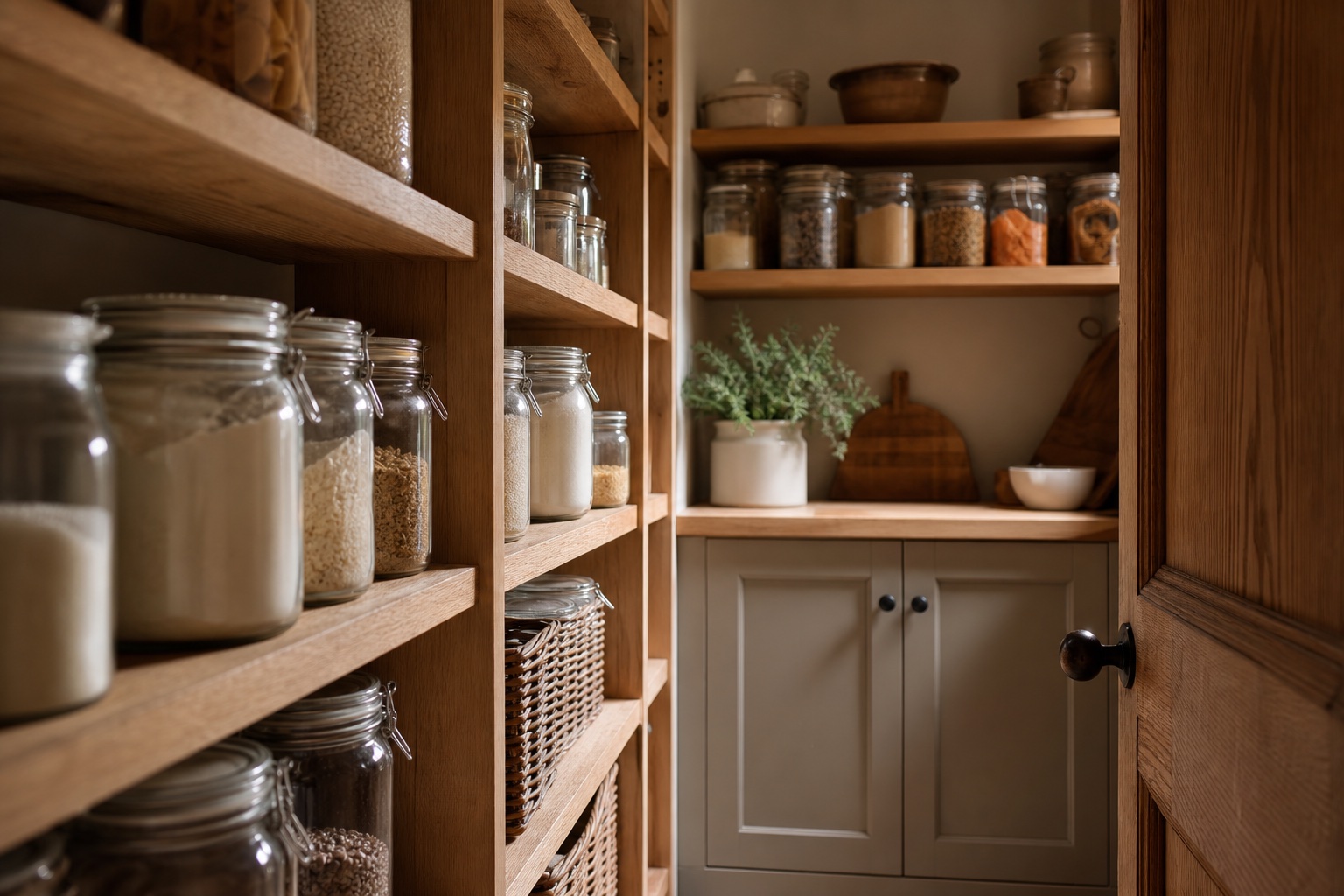 Walk-in pantry with oak shelving