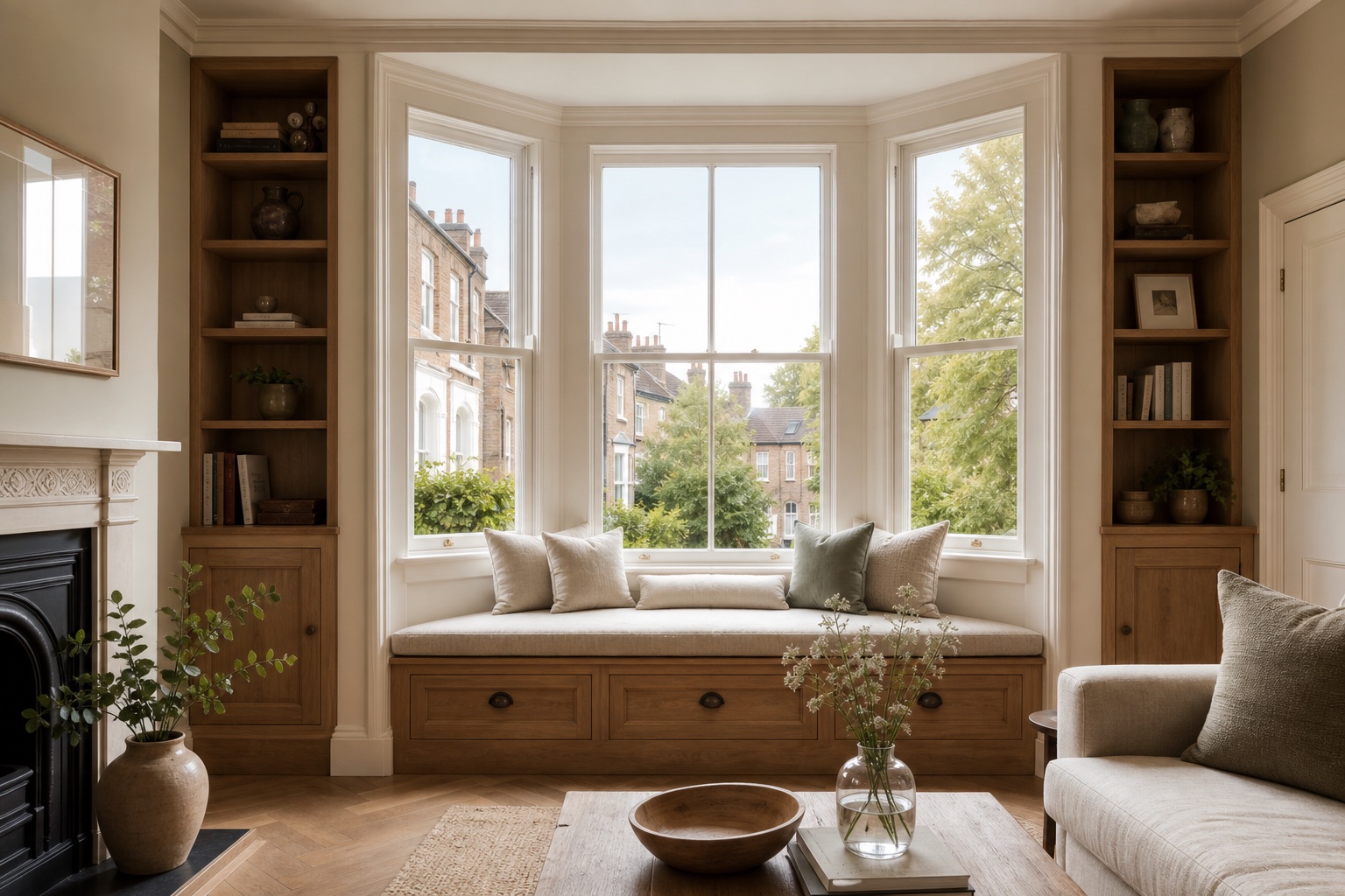 Built-in window seat in a bay window