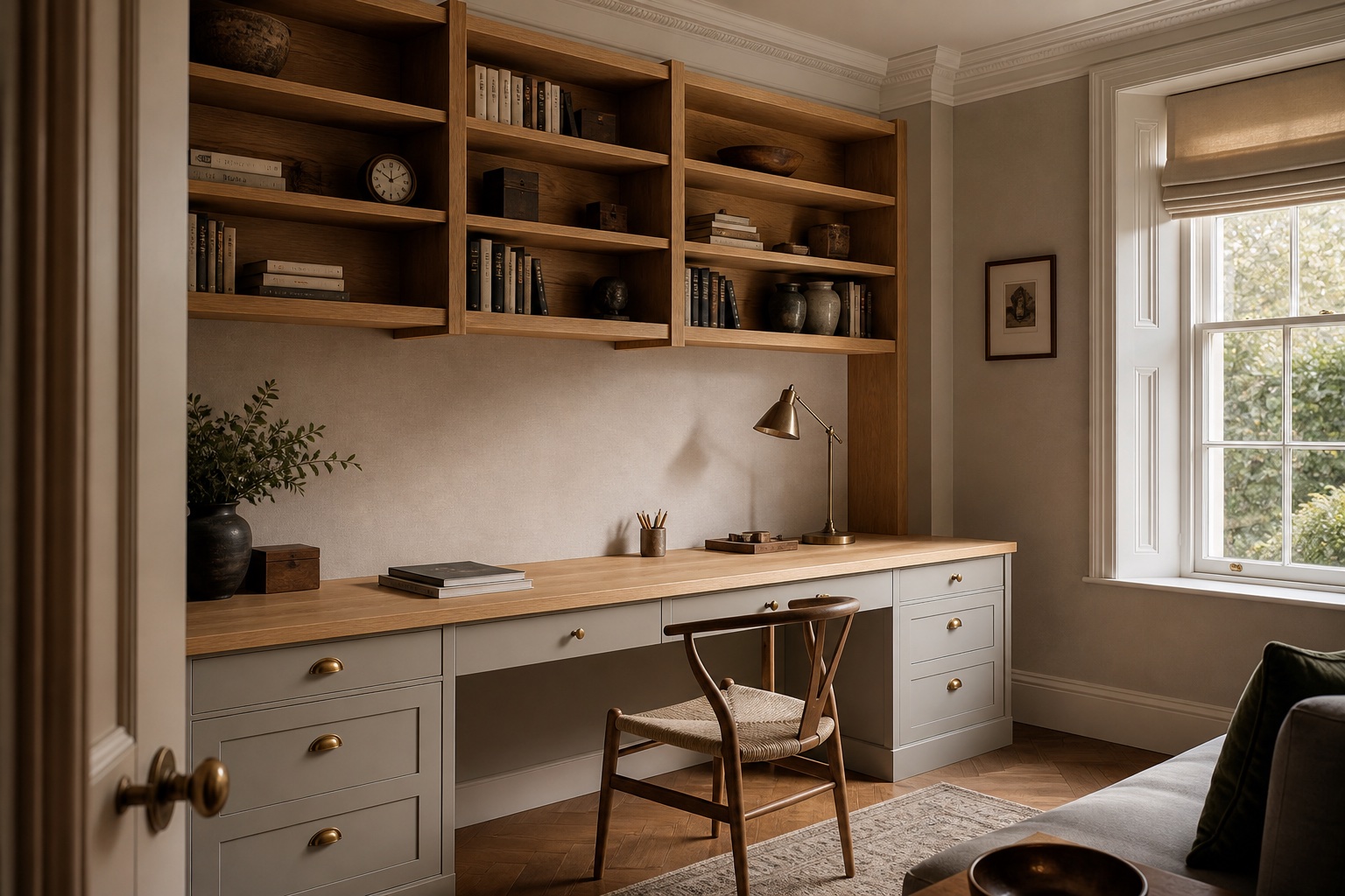 Fitted home office with bespoke oak desk and shelving in Harpenden