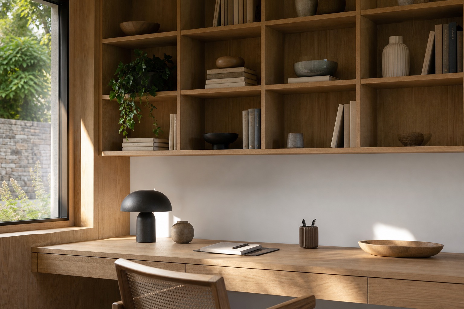 Floating shelves above the desk