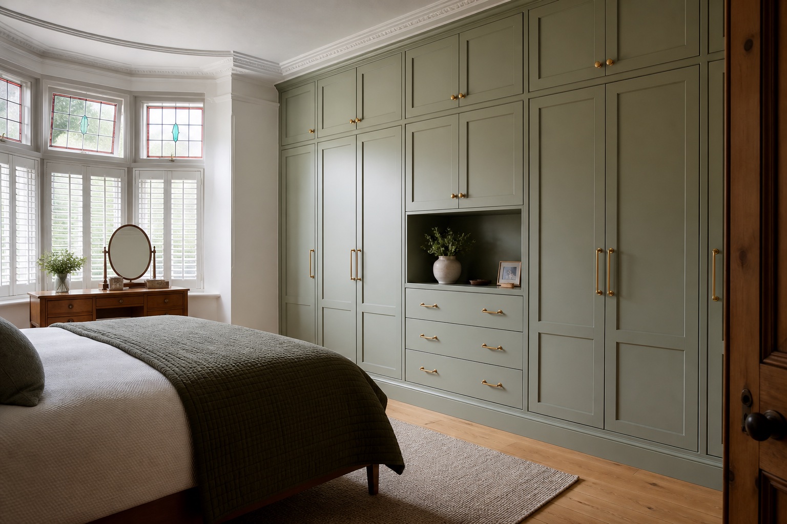 Floor-to-ceiling painted wardrobes flanking a chimney breast