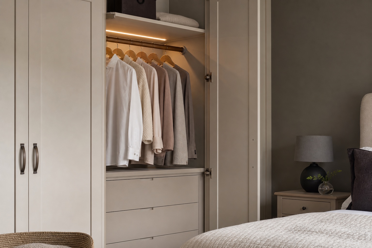 Oak wardrobe interior with hanging rails