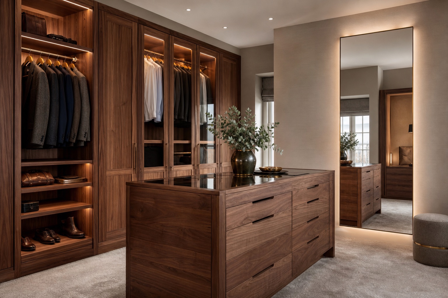 Walk-in dressing room with oak interiors