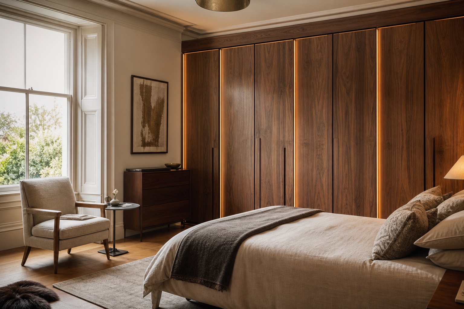 Bespoke walnut wardrobe with integrated lighting in a St Albans bedroom