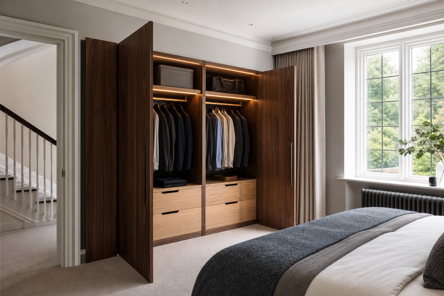 Wardrobe interior with hanging rails and drawer banks