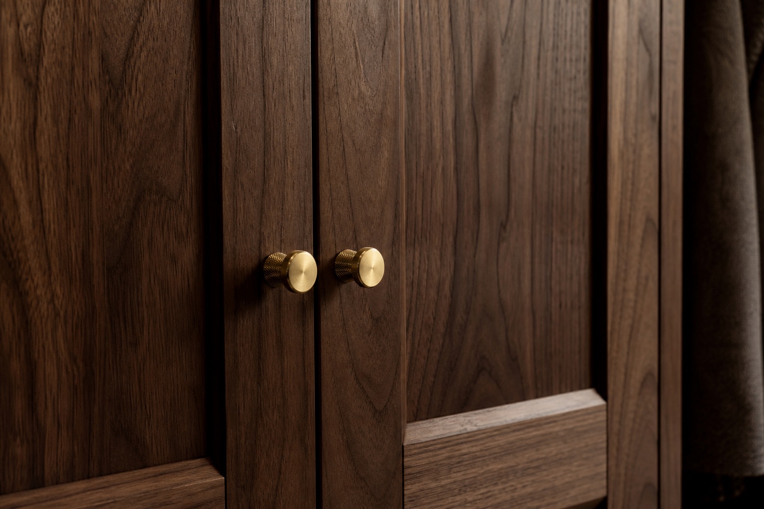 Brass handle and walnut door detail