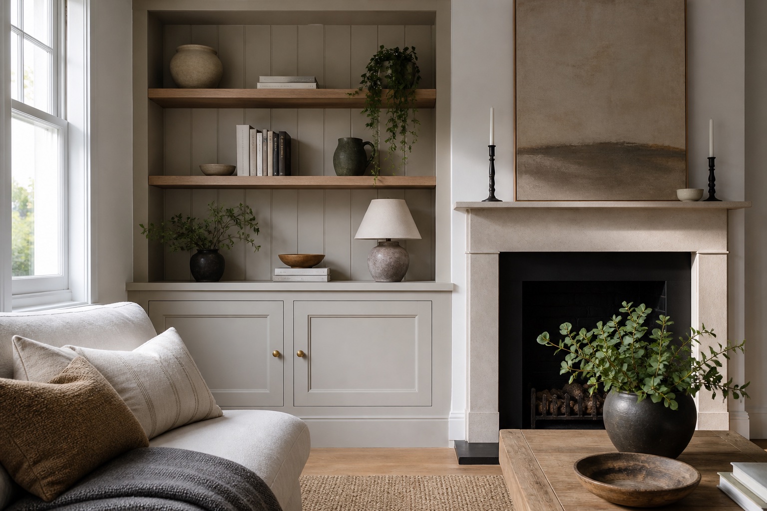Left alcove unit with open shelving
