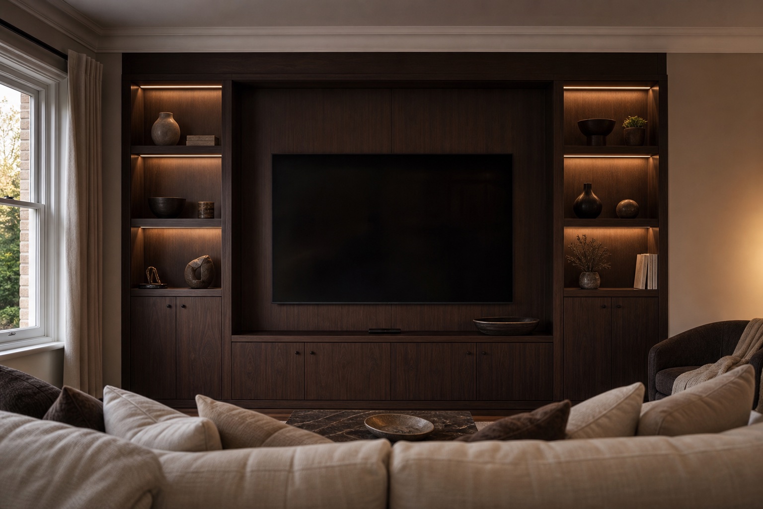 Custom media wall with integrated storage in a Watford living room