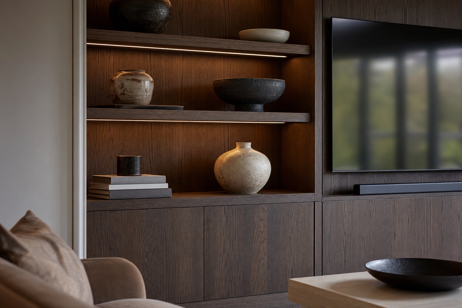 Open display shelving on the media wall