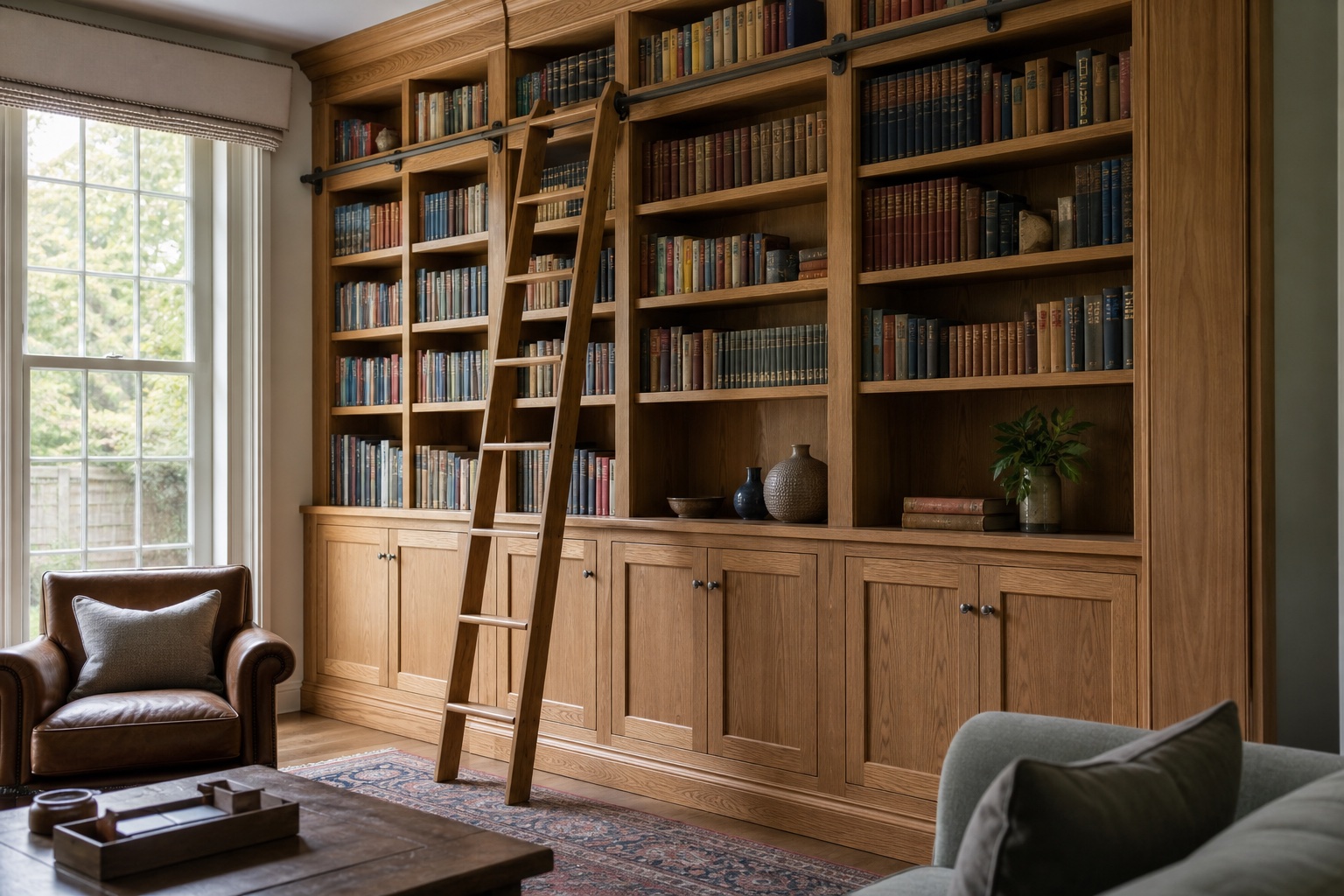 Floor-to-ceiling built-in library with rolling ladder