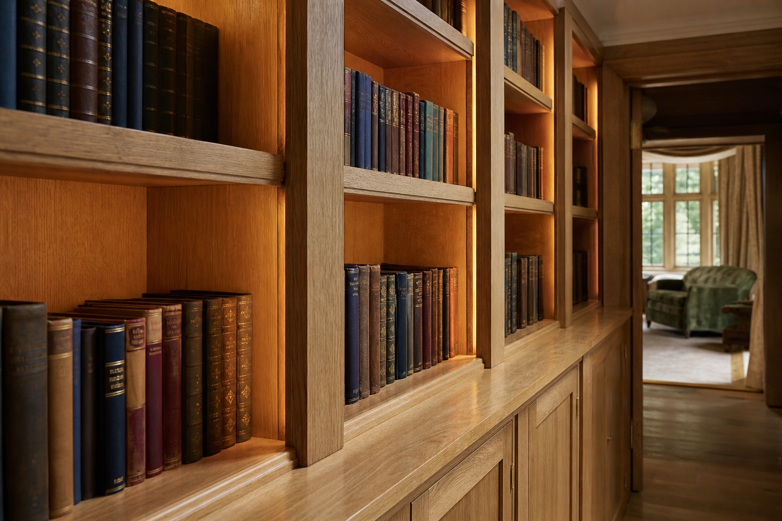 Adjustable oak shelving with books