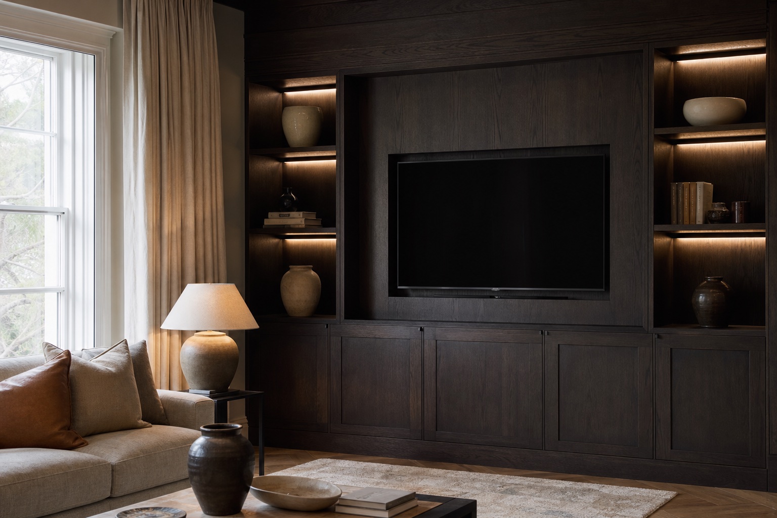 Bespoke media wall joinery in a Hertfordshire living room